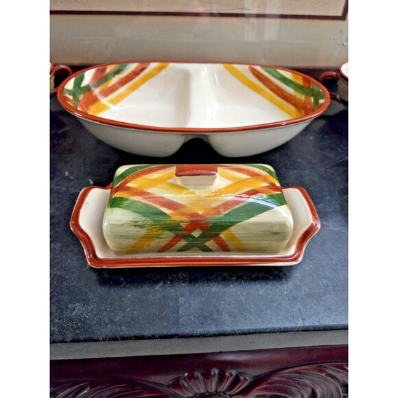 Vernonware Homespun Plaid Set – 4 Cups, Butter Dish & Divided Dish Vintage - Picture 2 of 8